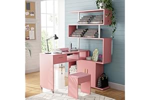Kikihouse Manicure Table Nail Desk with Stool, L-Shaped Nail Tech Desk with Dust Collector, Two-Way Drawer, Cabinet & Storage Shelves, Rotating Reversible Manicure Workstation on Wheels (Pink)