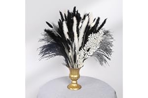 N&T NIETING 102PCS Black Pampas Grass Decor, Grey White Natural Dried Pampas Grass Bulk, Boho Home Decor Bouquet, Black and White Dried Flowers Decor, Halloween Wedding Floral Arrangements Vases Decorations