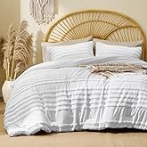 BEDELITE Boho Comforter Set Queen Size, White Tufted Striped Bed Set 3 Pieces, Soft Vintage Farmhouse Comforter for All Seasons, Boho Home Decor,Fluffy Jacquard Bedding with 2 Pillow Shams