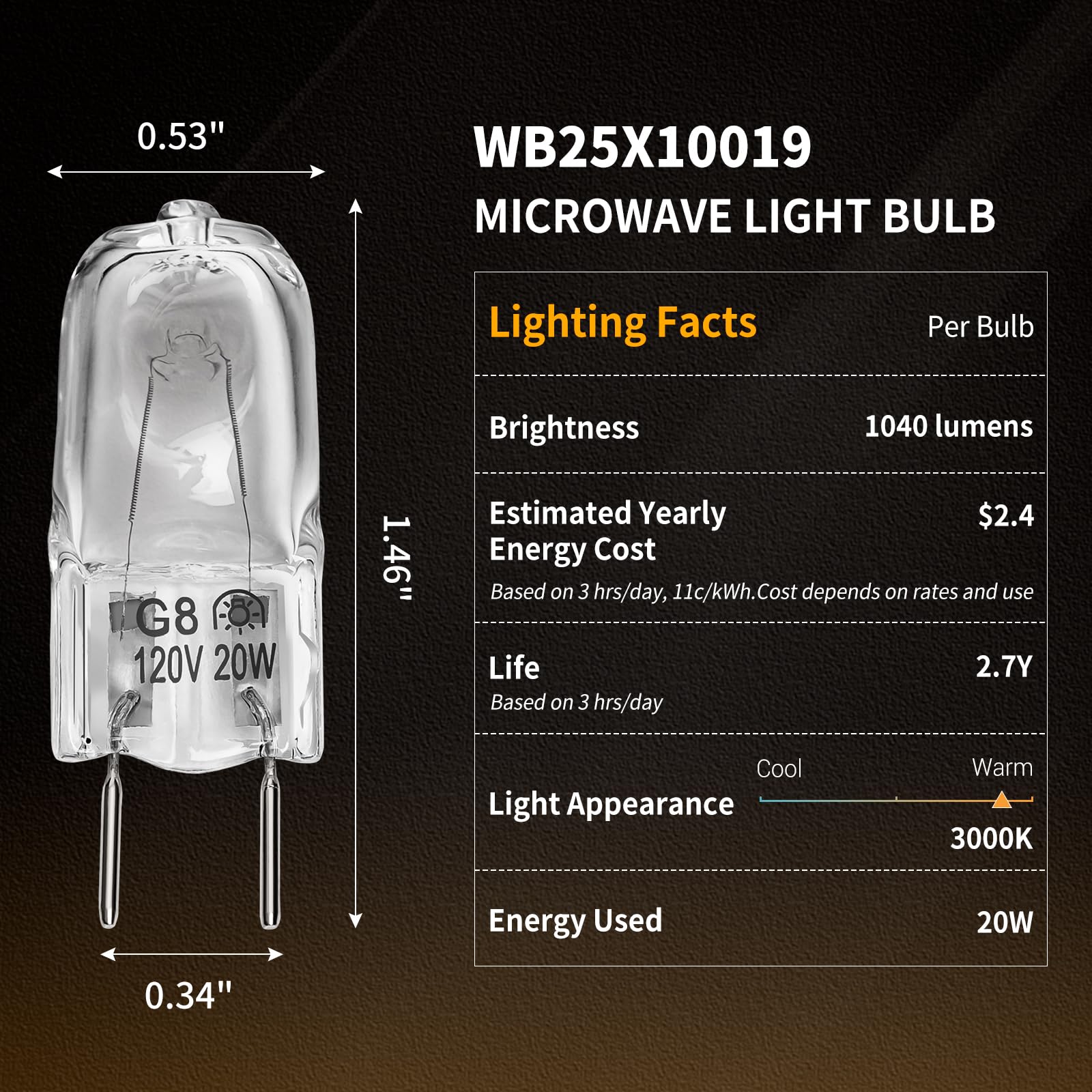 Halogen Light Bulb Fits for GE Samsung Kenmore Elite Maytag Over the Stove Range Microwave, Night Light/Stove Light Bulb for GE microwave, Replaces WB25X10019, 2Pack