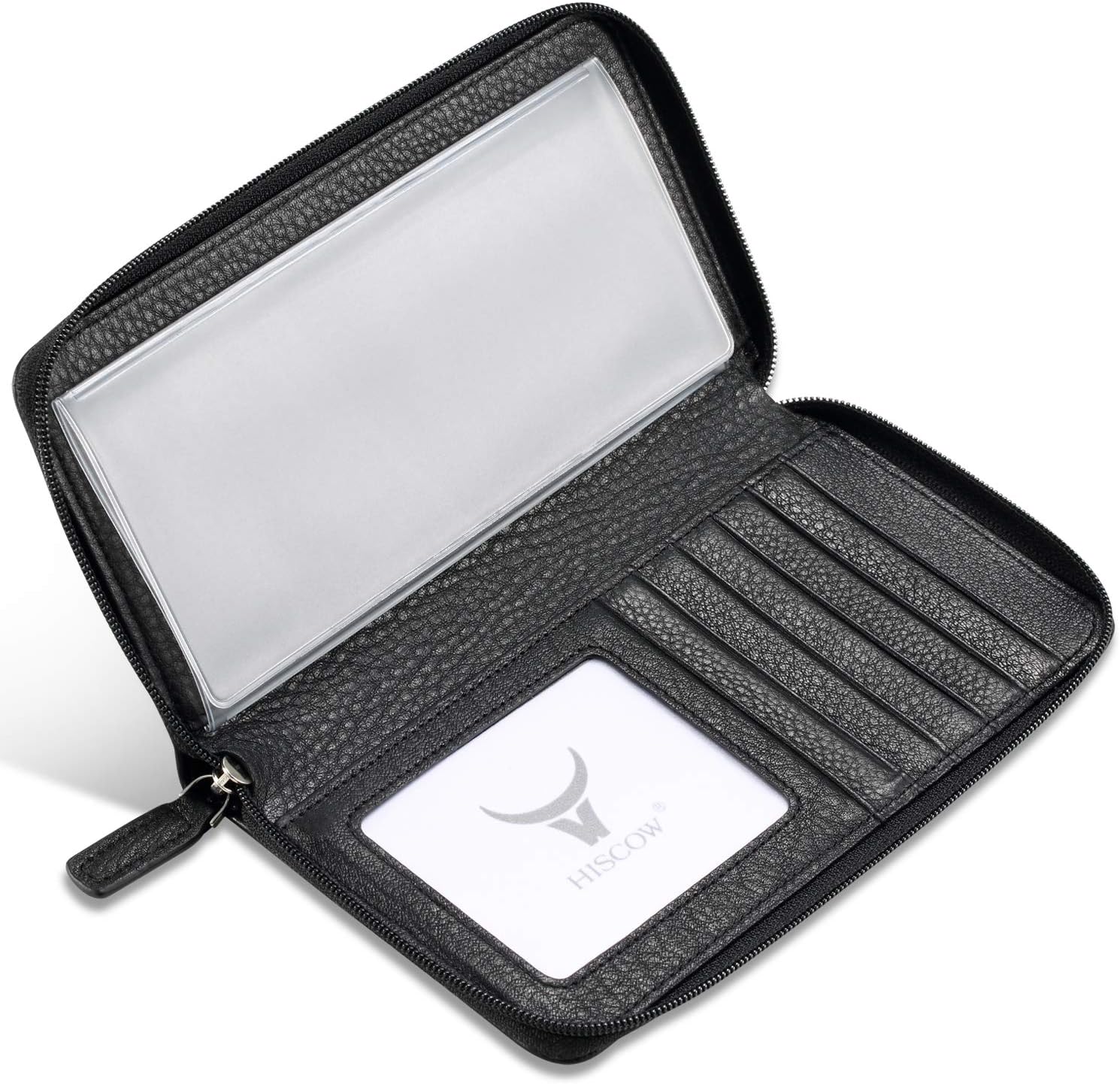 HISCOW Zippered Checkbook Cover & Card Holder with Divider - Italian Calfskin (Pebbled Black)