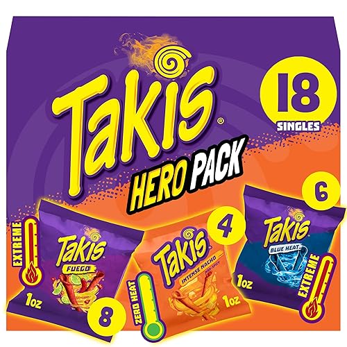 Takis 18 pc / 1 oz Hero Variety Pack, Assorted Flavored Mixed Rolled Tortilla Chips – (8) Fuego, (6) Blue Heat, (4) Intense Nacho