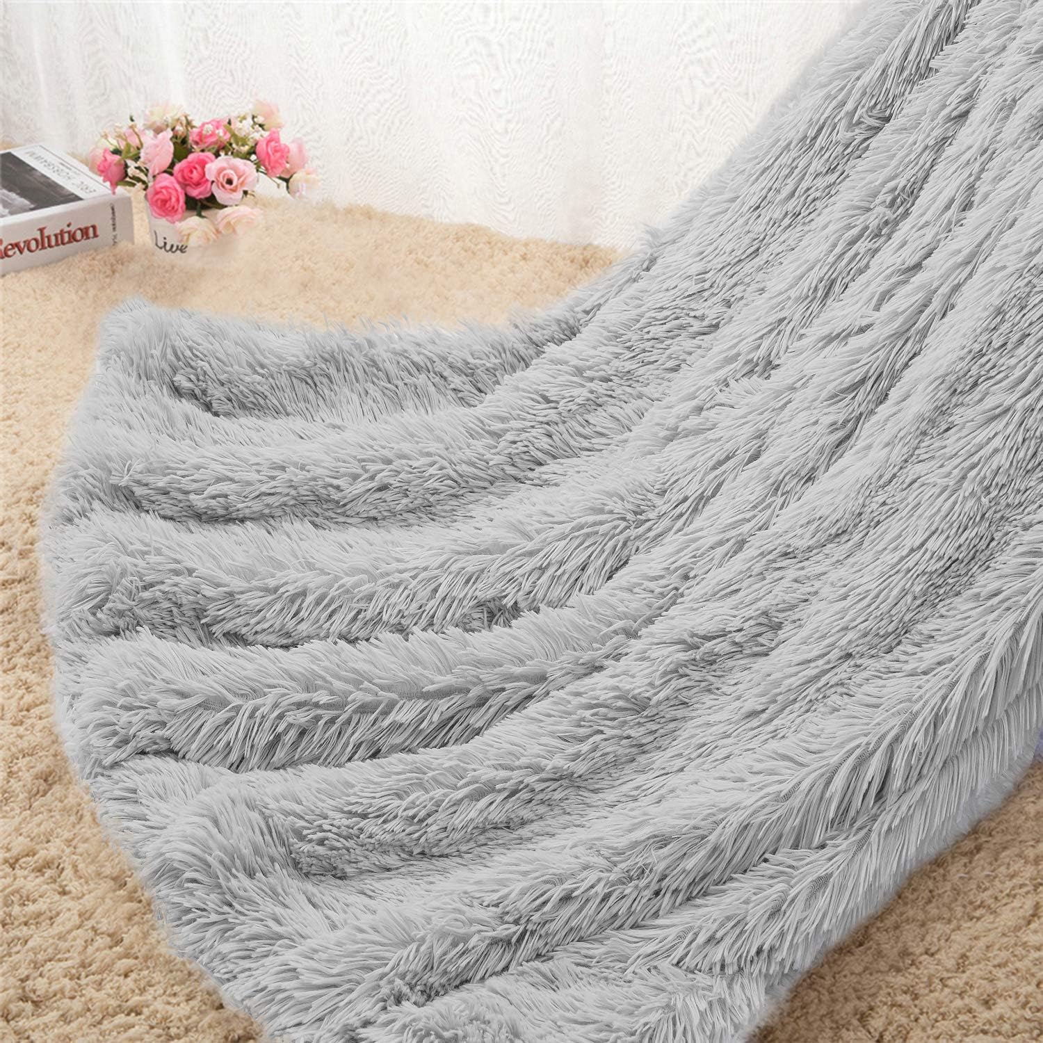 Homore Soft Fluffy Blanket Fuzzy Sherpa Plush Cozy Faux Fur Throw Blankets for Bed Couch Sofa Chair Decorative, 50''x60'' Light Grey: Kitchen & Dining