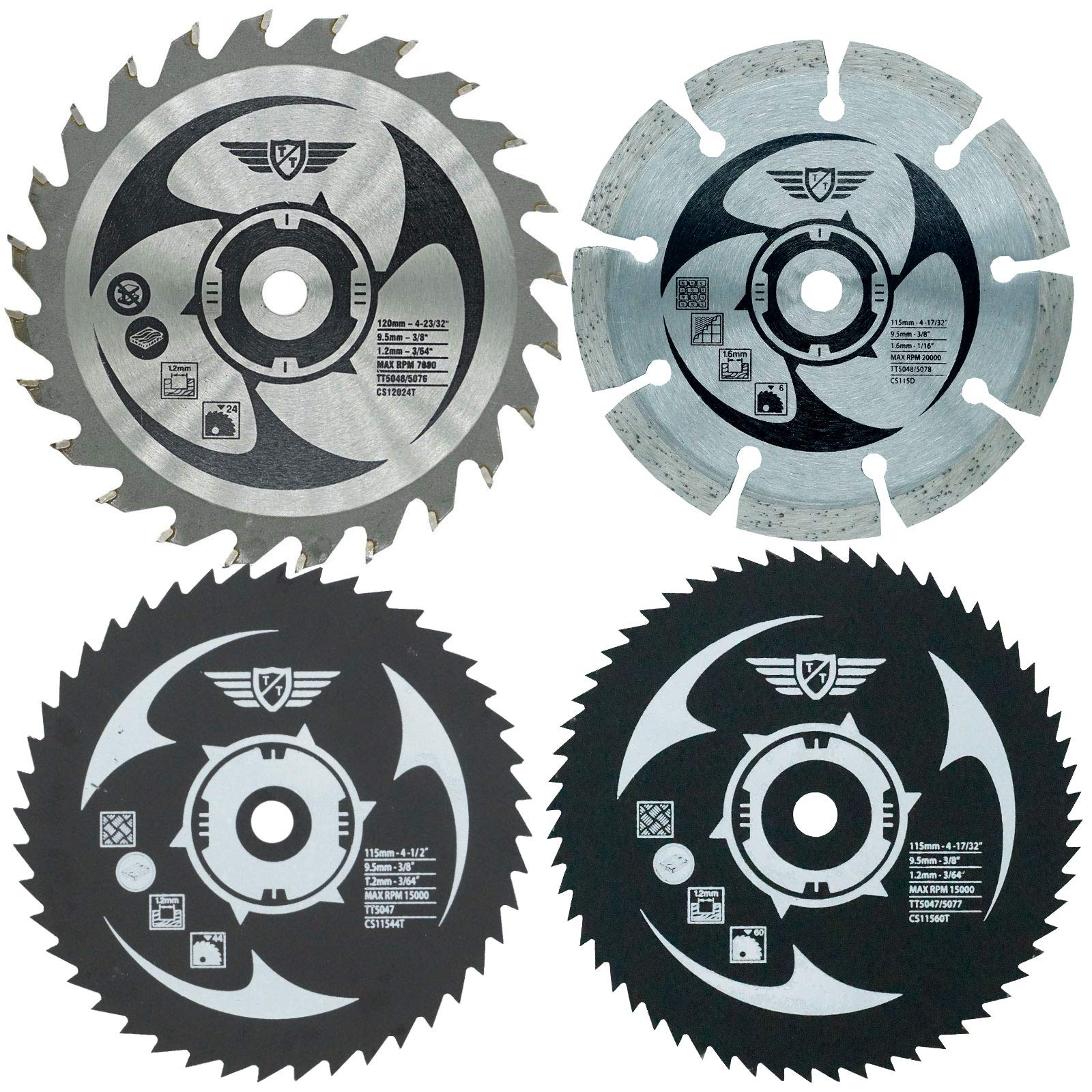 4 x TopsTools CSK115_4 115mm 120mm 24T 44T 60T Diamond 9.5mm Bore HSS Saw Blades