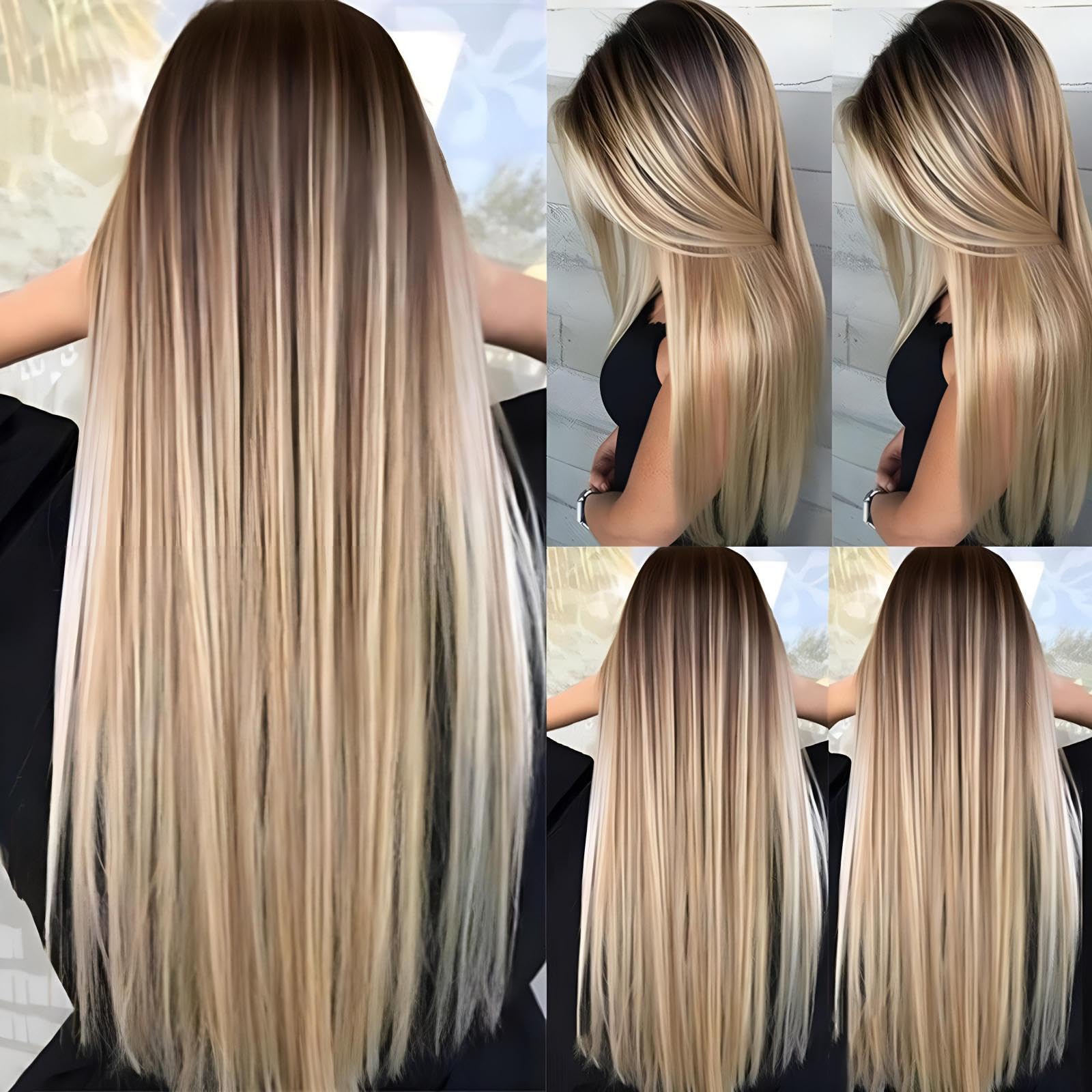 Photo 1 of JOUKAYEA Long Ombre Brown Blonde Wig for White Black Women, Synthetic Straight Highlight Dirty Blond Wig with Dark Roots, Golden Hispanic Ladies Realistic Natural Looking Hair Replacement Wigs