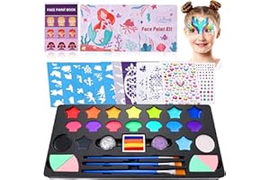 Creamify Face Painting Kit - 67 Stencils, 18 Water Based Face Paint Kit LGBT, Non-Toxic Sensitive Skin Rainbow Colors Face Body Paint Palette & Book, Pride Day Makeup Kit, Mermaid Face Glitters