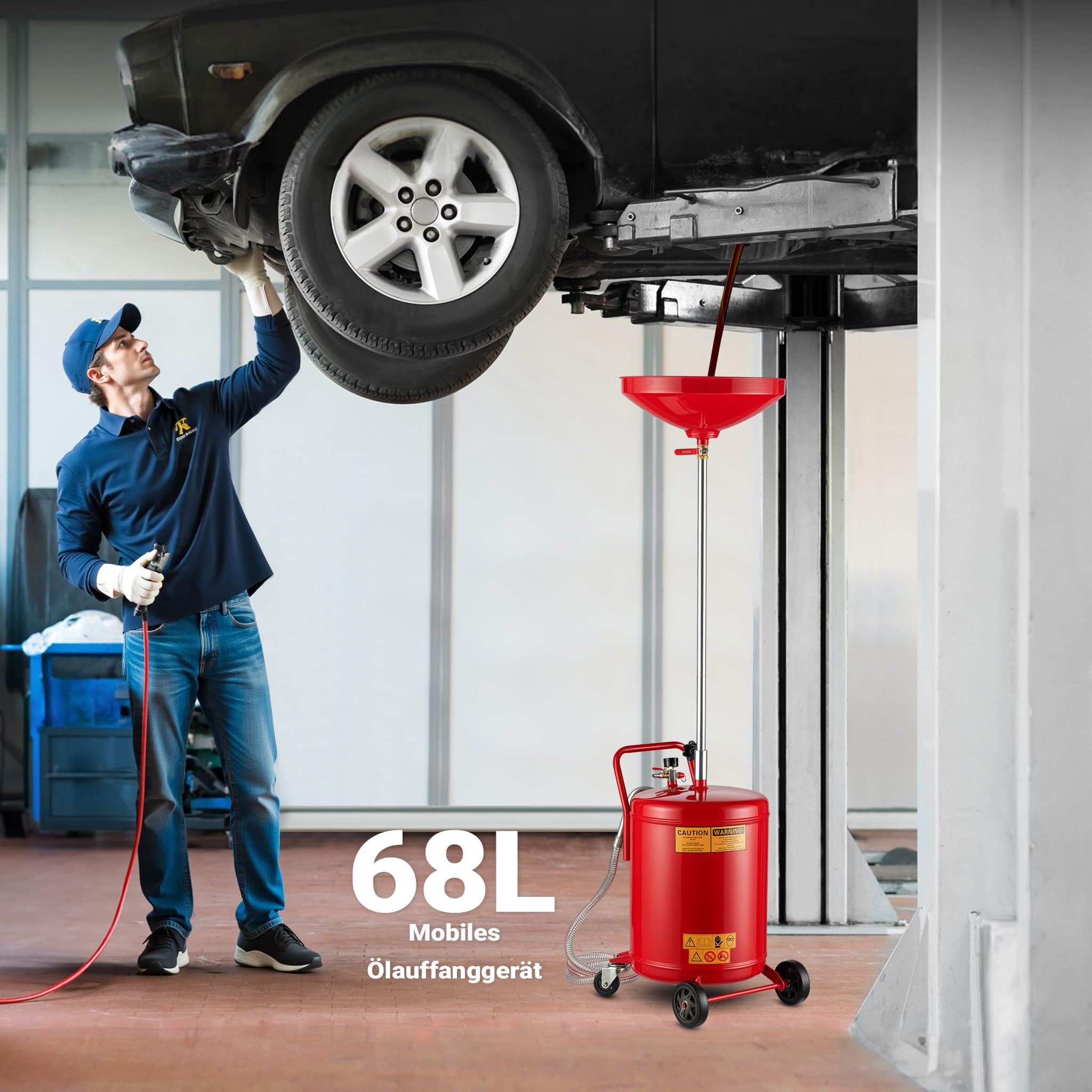Wiltec Ölauffanggerät für 68l, höhenverstellbar 98-157cm mit 4-Rad-Fahrwerk, Entleerung mittels Luftdruck 2
