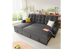 Ucloveria Sleeper Sofa Bed, 86" Convertible Sectional Sofa Couches for Living Room, Pull Out Couch Bed with Reversible Storage Chaise | USB Ports | Side Pockets | Removable Backrest