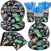 168PCS Dinosaur Party Supllies for Boys Cartoon Dino Birthday Party Decorations with Space Astronauts Planet,Dinosaurs Plates Cups Napkins Tableware -24 Guests