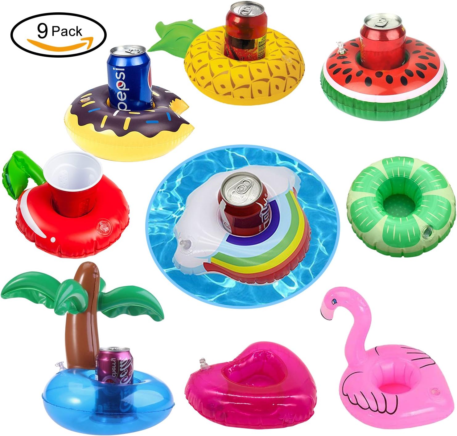 UEOTO Inflatable Cup Holder Floats, 9 Packs Drink Holders Coasters for Keeping Fruit Drink Beer Wine Glass, Inflatable Drink Cup Holder Float as for Swimming Pool Beach Party Water Fun Toys