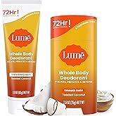 Lume Whole Body Deodorant - Invisible Cream Tube and Solid Stick - 72 Hour Odor Control - Aluminum Free, Baking Soda Free, Skin Safe - 3.0 Ounce 2.6 Ounce Bundle (Toasted Coconut)