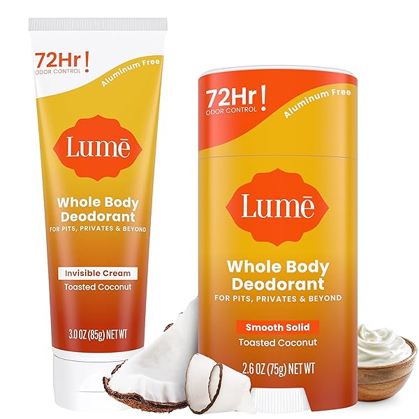 LUME WHOLE BODY DEODORANT – INVISIBLE CREAM TUBE AND SOLID STICK – 72 HOUR ODOR CONTROL – ALUMINUM FREE, BAKING SODA FREE, SKIN SAFE – 3.0 OUNCE 2.6 OUNCE BUNDLE (TOASTED COCONUT)
