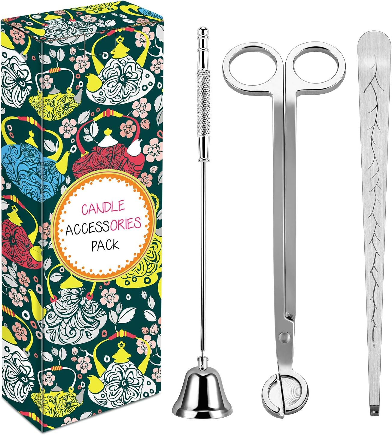 3 in 1 Candle Accessory Set - Candle Wick Trimmer, Candle Wick Cutter, Candle Snuffer Extinguisher, Candle Wick Dipper with Gift Package for Candle Lovers (Silver)