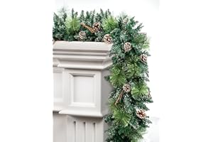 Winisok 9 ft Prelit Christmas Garlands with 100 Lights Battery Operated Timer 8 Modes, Faux Frosted Pine Garland Christmas Decorations for Mantle, Stairs, Fireplace, with Pine Cones Dried Branches