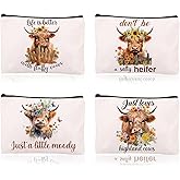 NOVBAUB Highland Cow Print Makeup Bag 4PCS Cute Highland Cow Makeup Bags Party Supplies Farm Theme Party Favor Gift Canvas Travel Pencil Cosmetic Bags Pouch with Zipper for Women Female