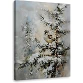 WODMIS Vintage Winter Bird Pine Tree Wall Decor Framed Canvas Wall Art, Farmhouse Christmas Snowy Holiday Wall Decor Canvas Home Decorations for Bedroom Dining Living Room Office 11x14