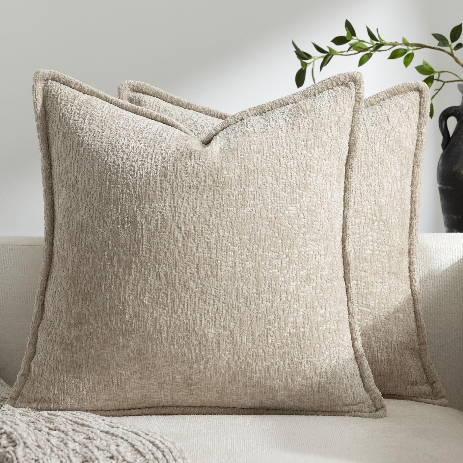 DEZENE Pack of 2 Tan Decorative Throw Pillow Covers 24x24 Cozy Soft Chenille Accent Vintage Square Couch Pillow Covers for Home Decor Bed Sofa Living Room