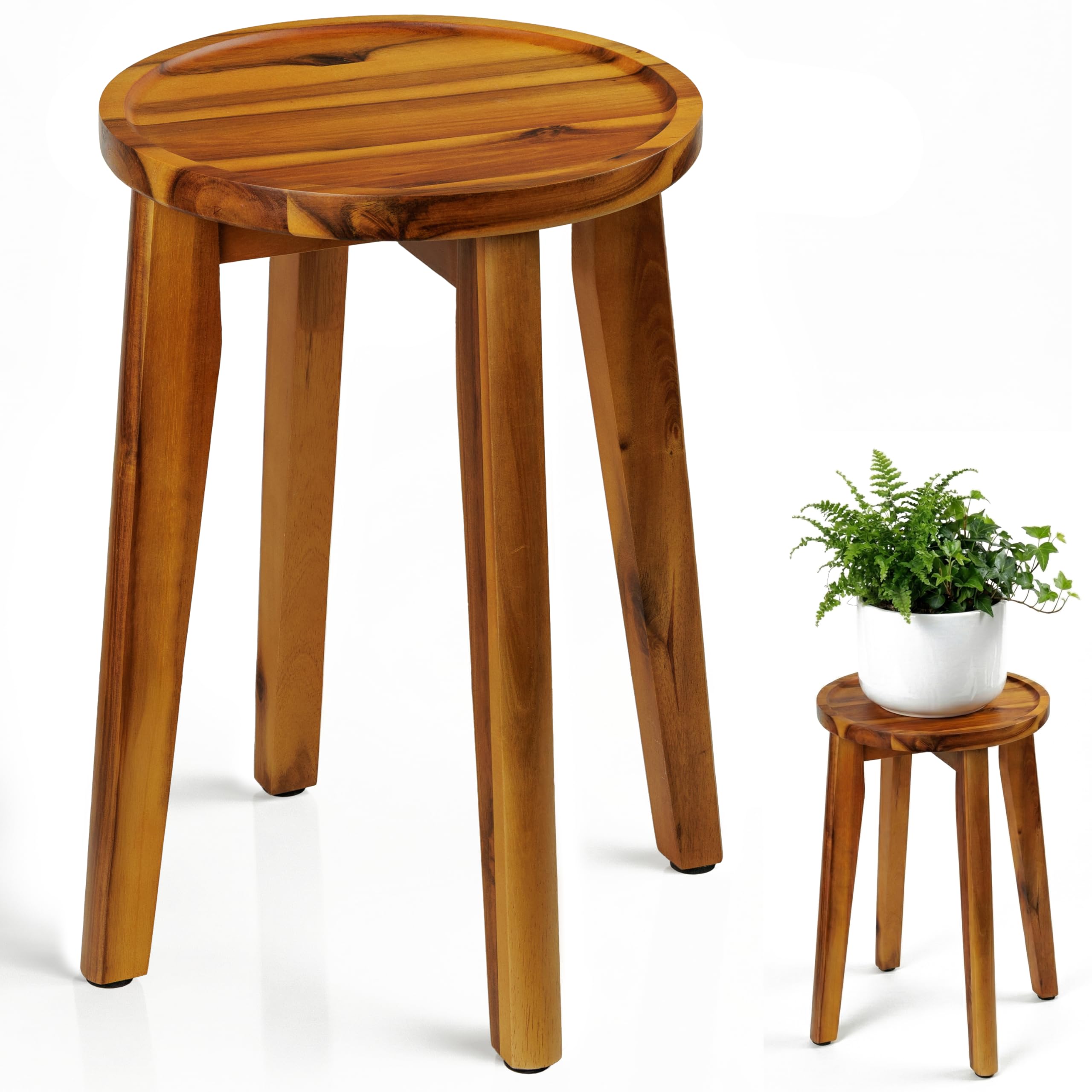 Photo 1 of *damaged*Demigo 15-Inch Tall Plant Stand for Indoor & Outdoor Use, Acacia Wooden Decorative Plant Shelf with Spill-Proof Tray, Flower Holder for Heavy Pots, Gardening Display - Natural Brown