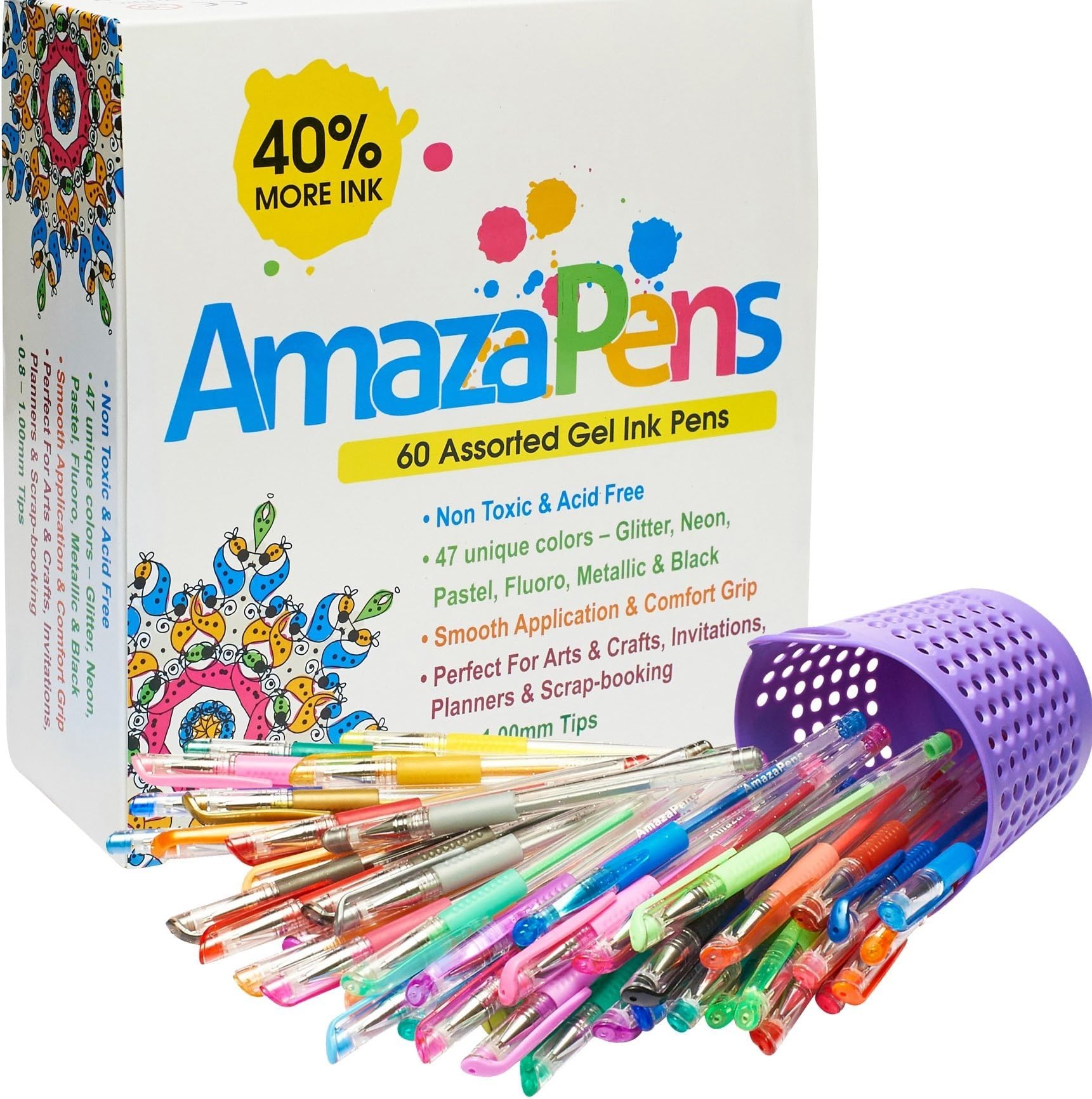 AmazaPens Gel Pens 60 Value Pack, 40% More Ink than Other Sets, Top Quality Coloring Pens for Adult Coloring Books, 47 Unique Colors, Best Gift - Includes Glitter, Neon, Pastel, Flouro & Metallic