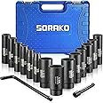 Impact Socket Set 1/2” Drive, SORAKO16 PCS SAE Deep Socket Set (3/8-Inch to 1-1/14") Include 5” Extension Bar & 10” L Handle, Cr-V Steel 6 Point Standard Impact Socket with Portable Case