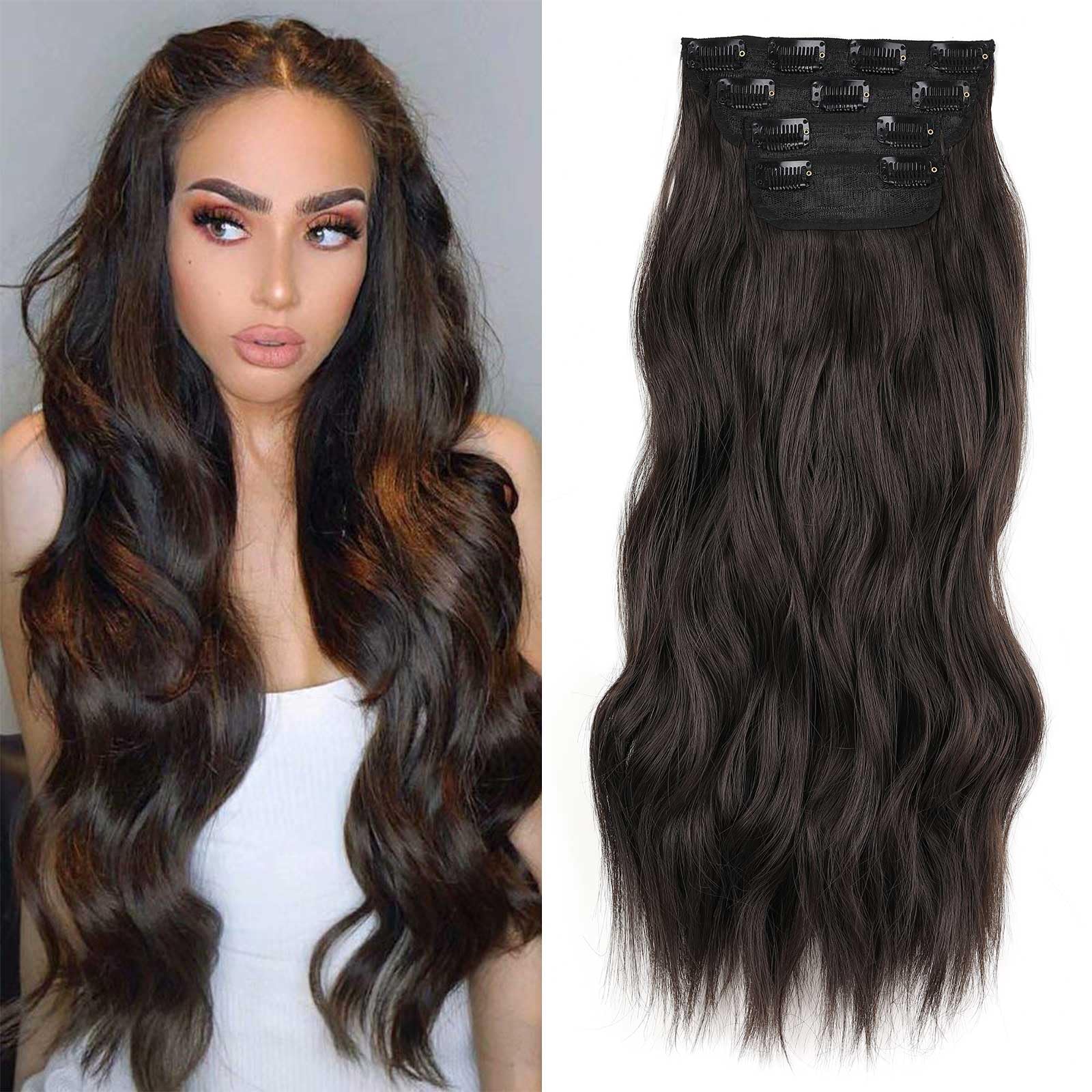 Xtrend 20-Inch Long Wavy Hair Extensions - 4PCS Full Head Set Clip in Synthetic Hair Pieces for Women Girls, Thick Curly (Dark Brown#) — image 1