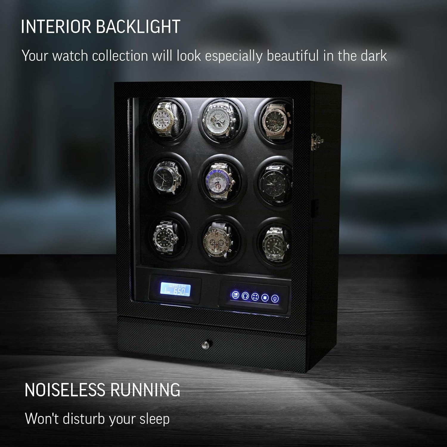 9 Watch Winder with LED Backlight, Remote Control, LCD Display and 2 Watches Storage Compartment (Carbon + Black): Watches