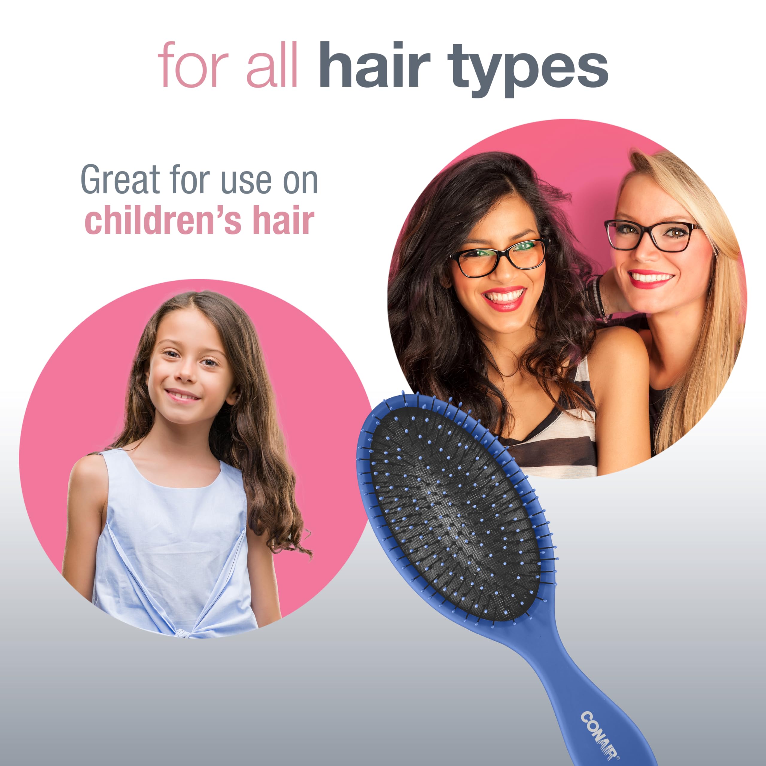 Conair Detangling Hair Brush Set 3 Pack, For Wet, Dry and All Hair Types, Detangling Brushes for Women in Blue, Pink, and Gray