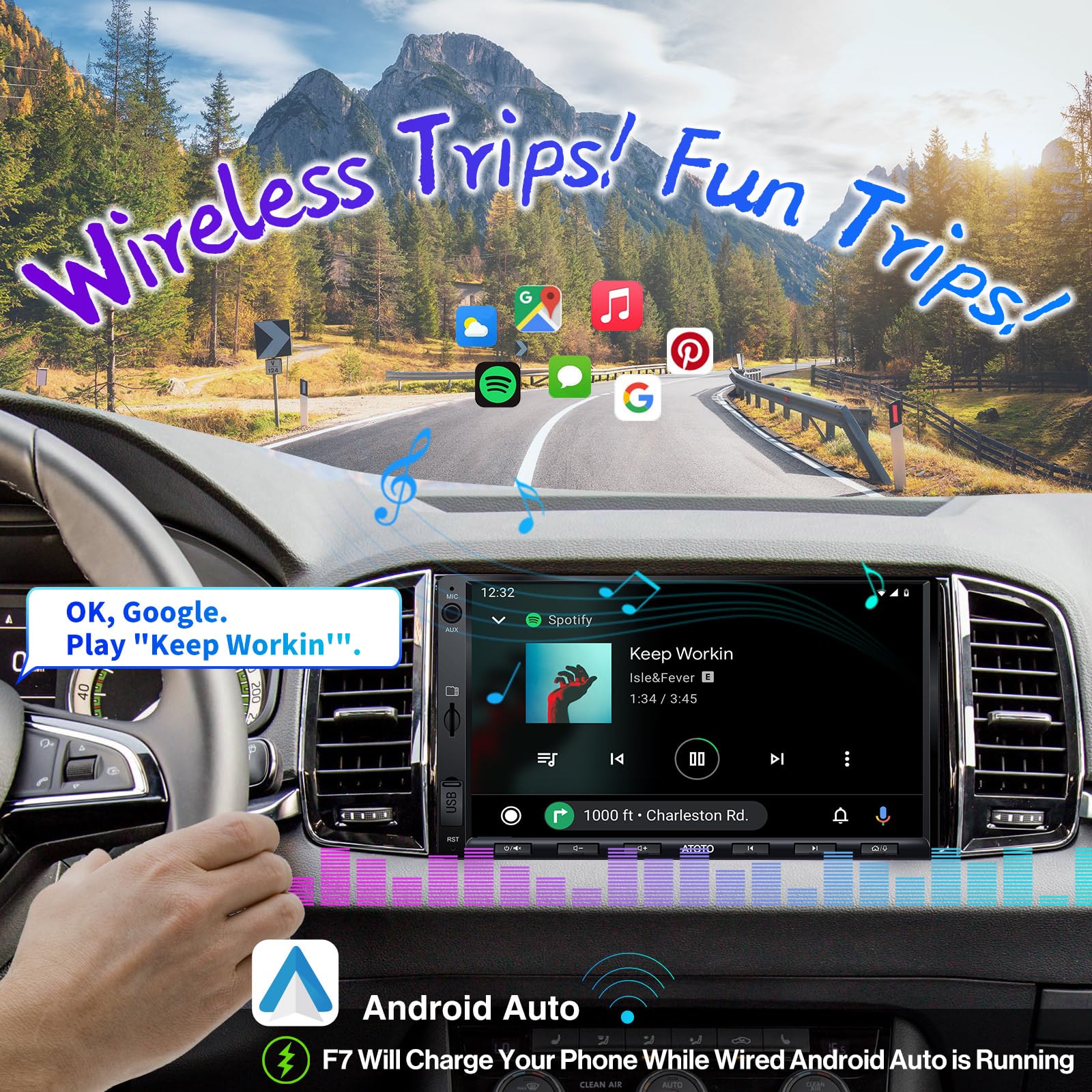 ATOTO F7 WE 7inch Double DIN Car Stereo, Wireless CarPlay & Wireless Android Auto, Touchscreen Car Radio with Bluetooth, Mirror Link, HD LRV, Quick Charge, FM/AM, GPS Navi, Voice Control, F7G2A7WE