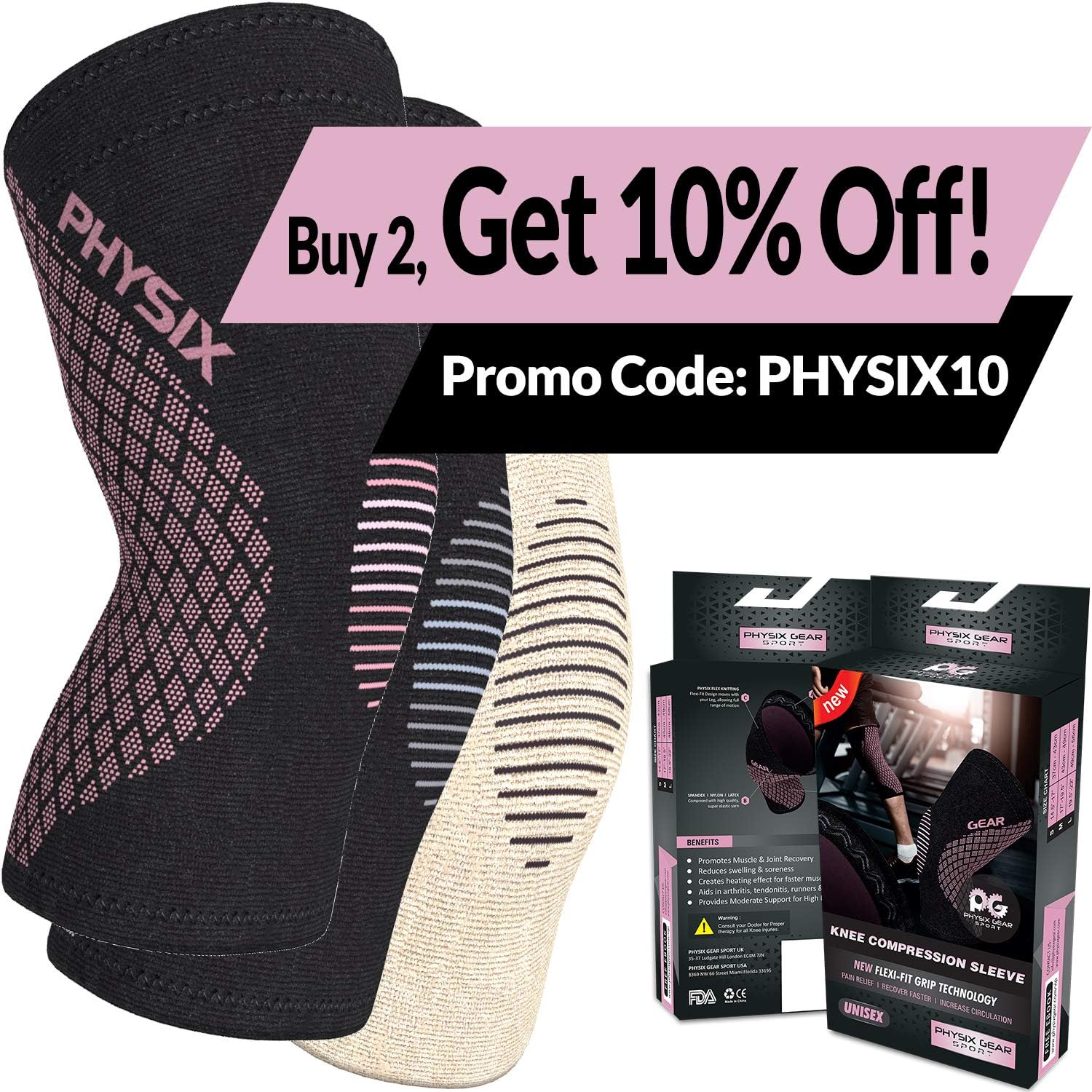 Physix Gear Knee Support Brace - Premium Recovery & Compression Sleeve For Meniscus Tear, ACL, MCL Running & Arthritis - Best Neoprene Stabilizer Wrap for Crossfit, Squats & Workouts - For Men & Women: Sports & Outdoors