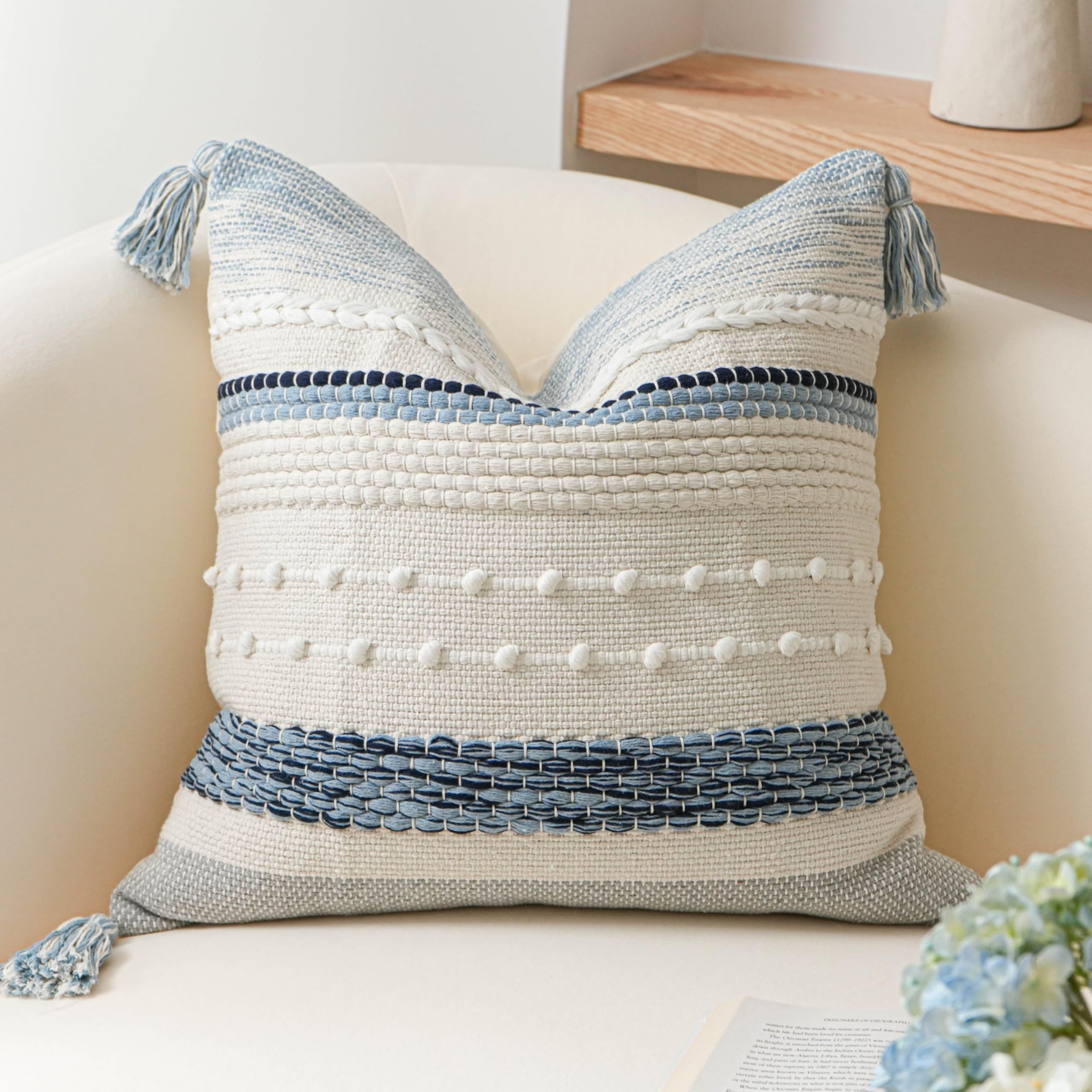 BlissBlush Coastal Blue Boho Decorative Throw Pillow Cover 22x22 Modern Bohemian Accent Pillow Case Square Woven Textured Farmhouse Pillows for Couch Bed (Pack of 1) Image