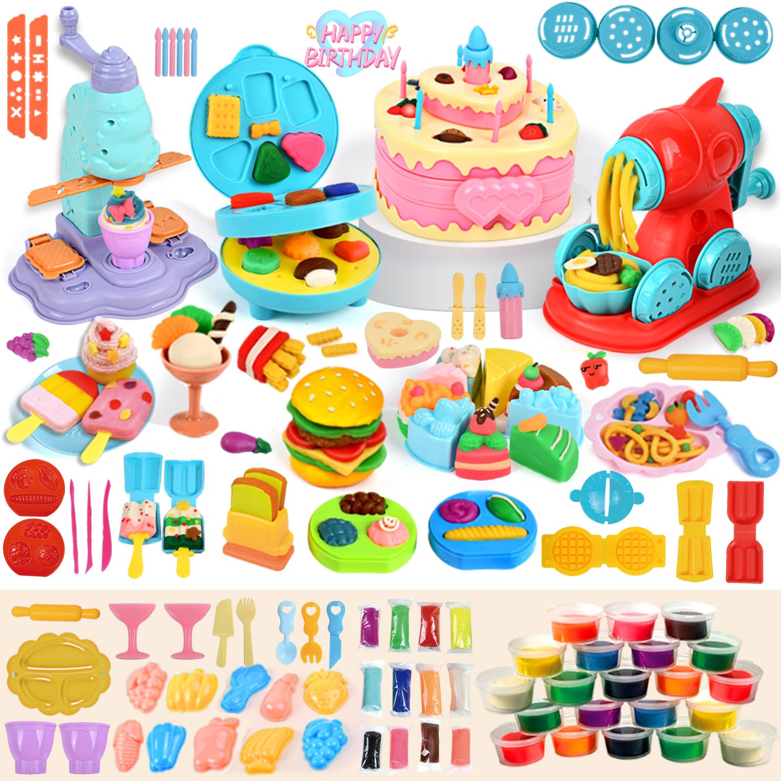 Britik Toys for 3-8 Year Old Kids: Play Color Dough Set for Kids 4 in 1 Play Doh Accessories with Tools and Cutters Gifts for 3 4 5 6 7 8 Year Old Kid Art Crafts Food Maker Toys Modelling Clay Set