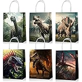 Kiooaci 24 Pcs Dinosaur Gift Bags with Handle, Dinosaur Paper Goodie Bags Dino Candy Treat Snack Bags for Birthday Decorations Party Supplies