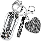 Simocky Compatible with Porsche Key Fob Cover with Heart Keychain, Car Key Shell for Women, Compatible with Porsche Cayenne Panamera 2018-2024, Carrera Taycan 2020-2024 Protector (3 Buttons-Black)