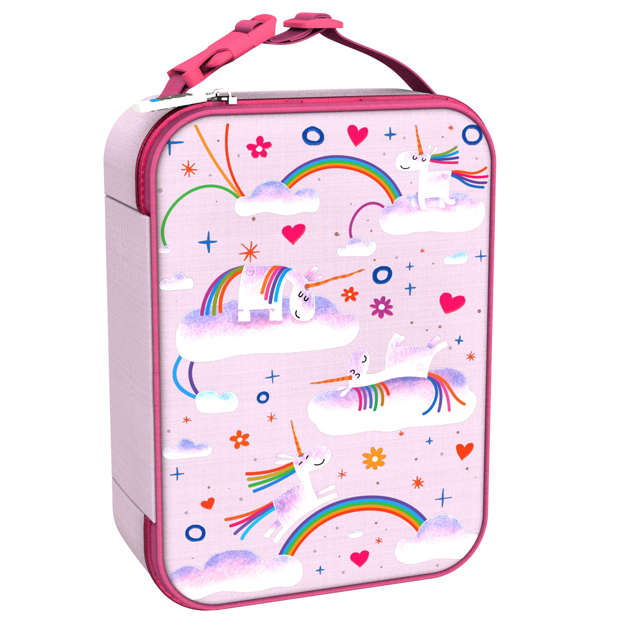 Ion8 Unicorn Rainbows Design Lunch Bag, Easy Access 3-Sided Zip, Write-On Name Patch, Freshness & Insulation for 6 Hours, Mesh Pocket for Bottles, Machine Washable, Polyester Material, Pink