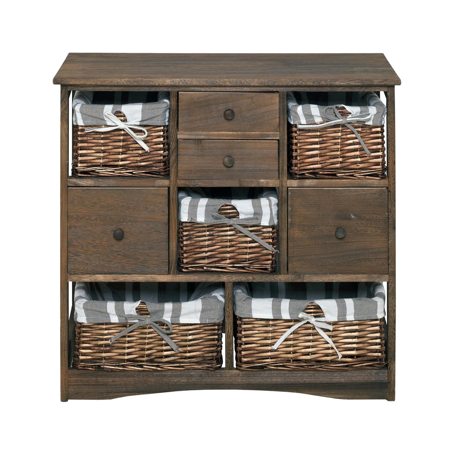 Rebecca Mobili Credenza Cassettiera 4 Cassetti 5 Ceste Legno Paulownia Vimini Marrone Shabby