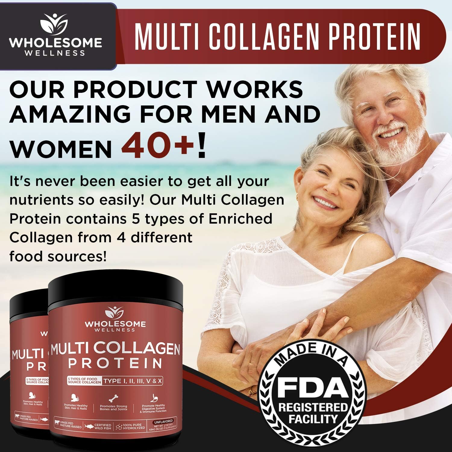 Multi Collagen Protein Powder Hydrolyzed (Type I II III V X) Grass-Fed All-in-One Super Bone Broth + Collagen Peptides - Premium Blend of Grass-Fed Beef, Chicken, Wild Fish, Eggshell Collagen: Health & Personal Care