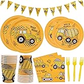 DYLIVeS 132 Pcs Construction Birthday Party Supplies, Construction Disposable Tableware Set Dump Truck Party Table Decorations for Boy, 9'' and 7'' Plates, Napkins, Cups, Forks, Banner, Serves 24