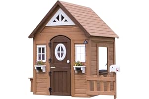 Backyard Discovery Aspen Cedar Wooden Kids Playhouse Cottage with Play Kitchen, Snack Bar, Picnic Bench, Dinner Bell, Mailbox, Dutch Door, Flowerpot Holders, Toy Lights, Country Style for Outdoor Play