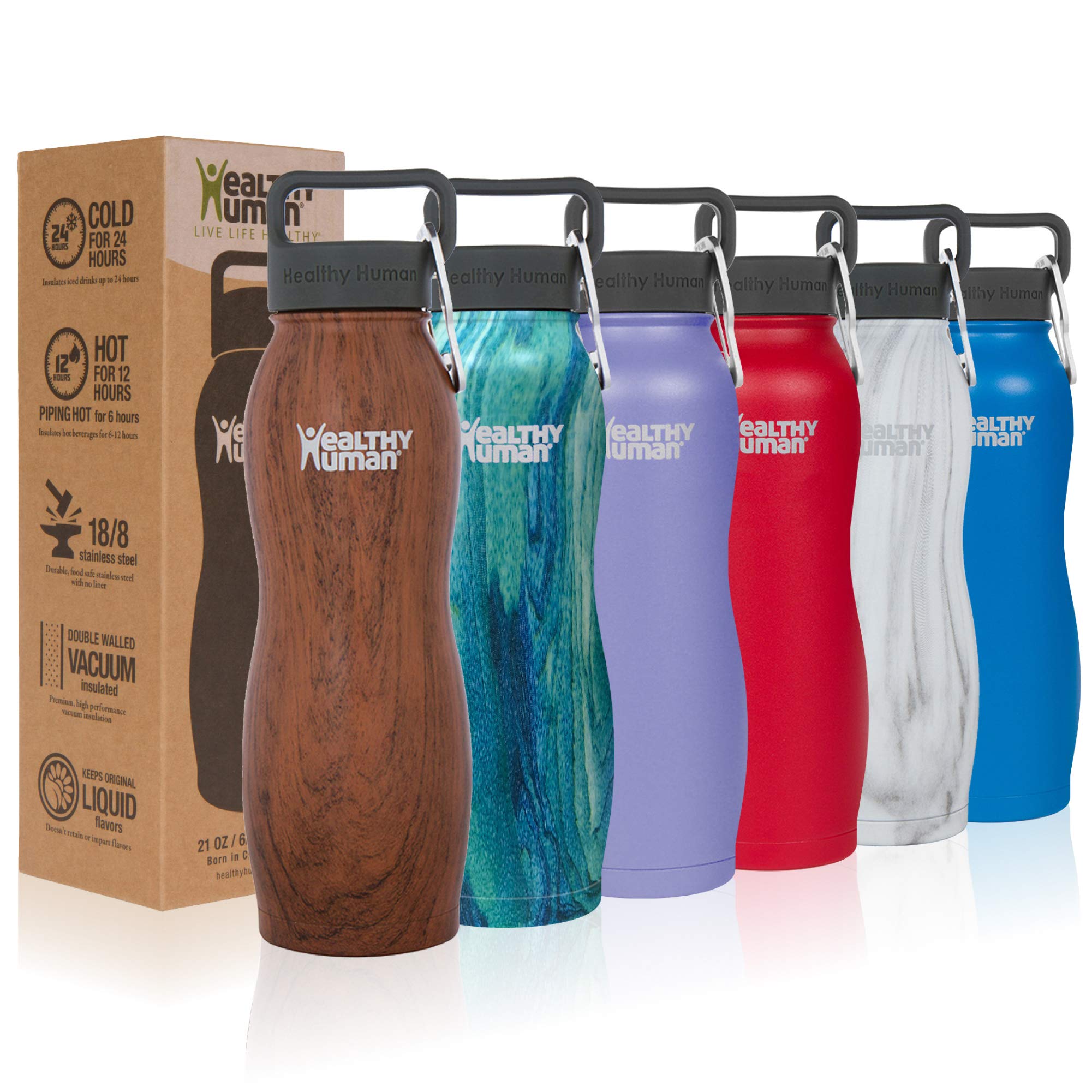 Healthy Human Water Bottle Curve, BPA Free Metal Stainless Steel Sports Water Bottles, Durable Leak Proof Insulated Waterbottle Flask