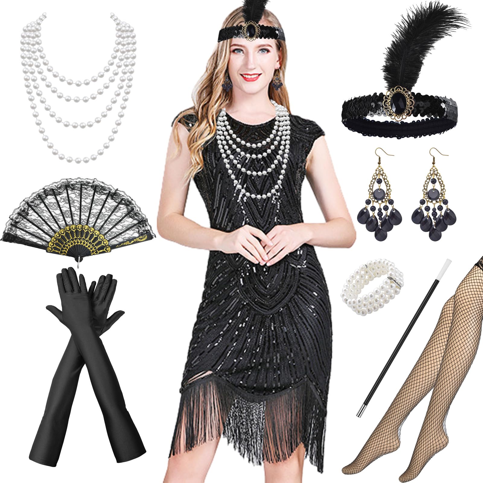 Maryparty 1920s Flapper Dresses Costume Women Roaring 20s Costumes Sequin Beaded Dress Accessories Set for Carnival Parties Halloween (Style-1, L)