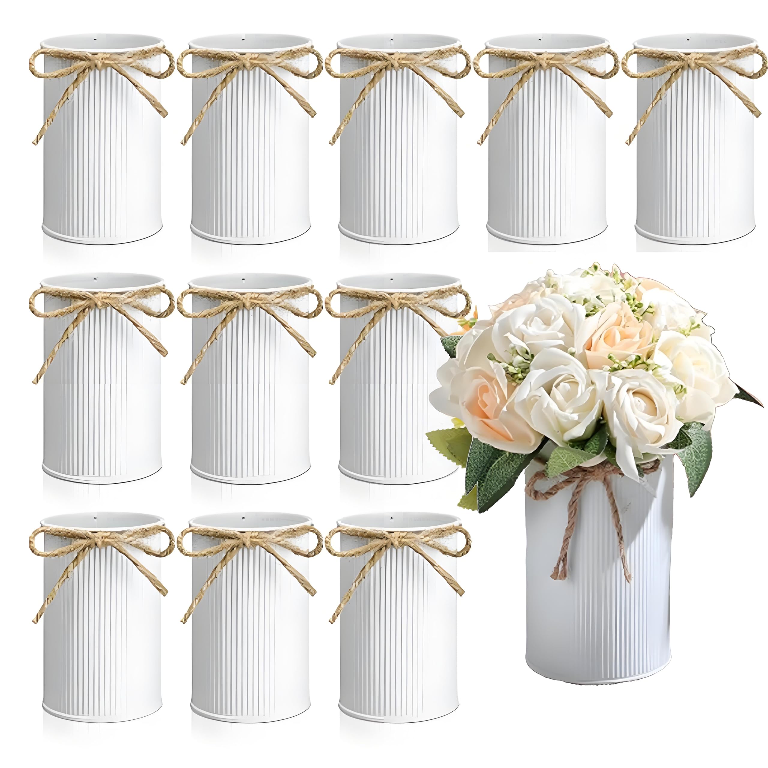 Photo 1 of 12 Pcs 4.33 Inch High Farmhouse Vase Decor, Bow with Rope Vase Decoration Galvanized Metal for Table Centerpiece Weddings Home