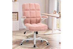 SEATZONE Pink Office Chair Home Office Desk Chairs with Flip-up Armrest, Rolling Desk Chair with Wheels, Faux Fur Computer Chairs Adjustable Backward Tilt