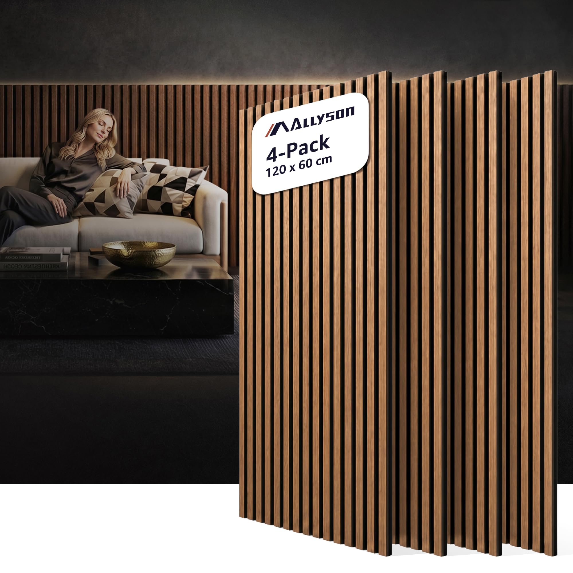 Allyson® 4er-Set Akustikpaneele 120 x 60 x 2,1cm, Holzoptik, 3D-Wandpaneele 8
