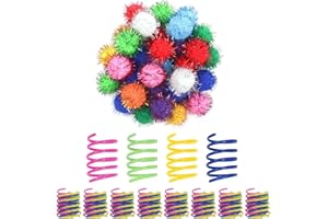 SEVENKA Cat Toys 30 Pcs Color Flash Balls and 36 Spring Toys, 1.1in Small Soft Cat Toy Ball Tinsel Pom Poms, Kitten Toys, Plastic Spiral Springs for Cat Swatting, Biting, Hunting, Active Healthy Play