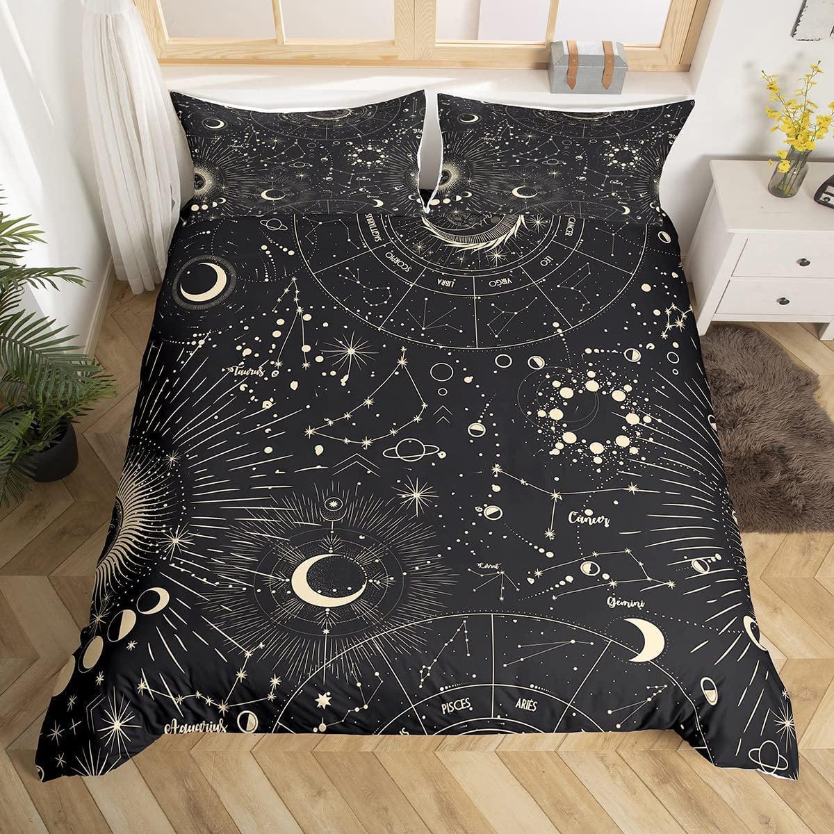 Sun and Moon Duvet Cover Boho Exotic Bedding Set Galaxy Astrology Comforter Cover for Boys Girls Children Teens Bedroom Decor Chic Cute Luxury Zodiac Signs Bedspread Cover Single