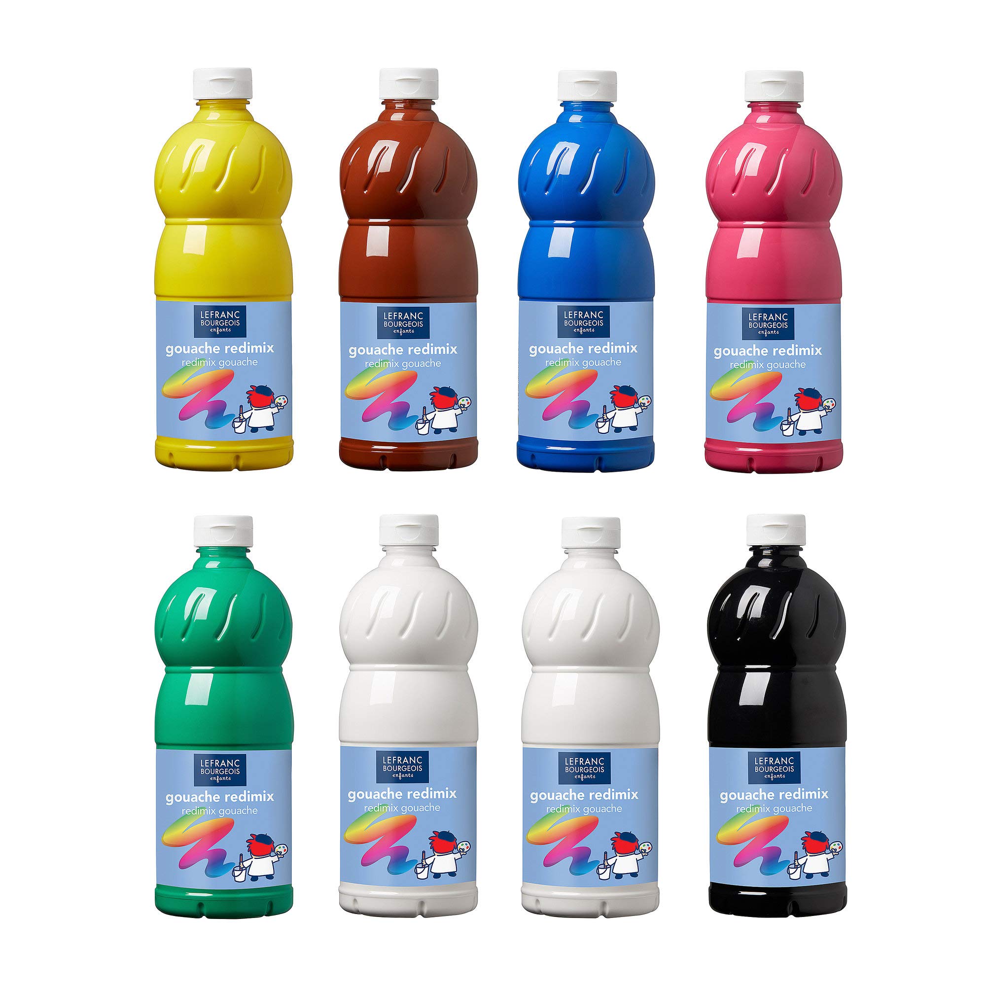 Lefranc Bourgeois 188372 Liquid Tempera Redimix Children's Paint, Ready-to-Use Tempera - Gouache Paint, 8 Colours Set of 1000 ml Bottles - Primary Colours