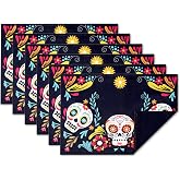 YiHomer Day of The Dead Halloween Tabletop - Dia De Los Muertos Floral Skeleton Mask, Cinco De Mayo Mexican Fiesta Party Home Kitchen Dining Room Decor, Sugar Skull, Reversible Placemat Set, 13 x 19