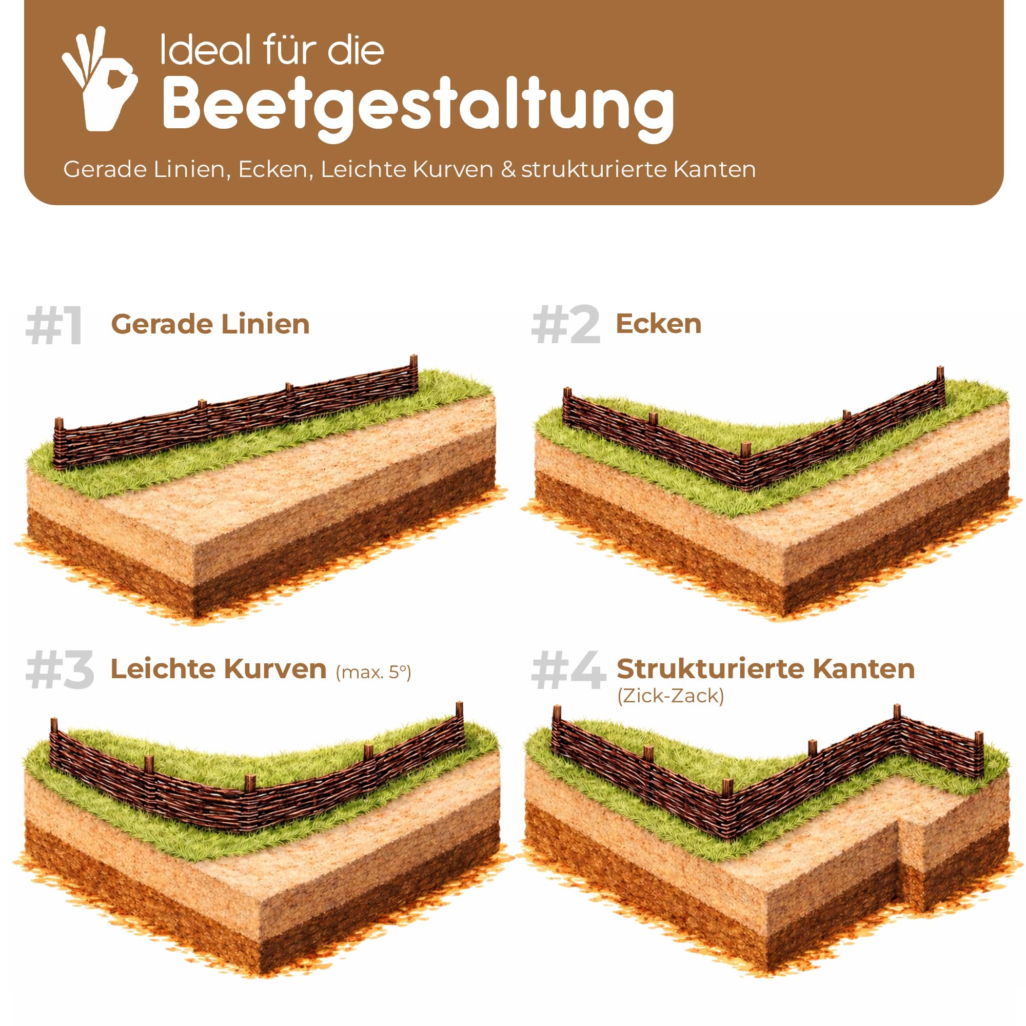 BOOGARDI Beeteinfassung Holz · 12 Größen · 10x Weidenzaun 20 cm hoch x 120 cm lang · Garten Steckzaun zur Beetumrandung · Rasenkanten zur Beetbegrenzung aus Weide 3