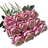 UKELER Artificial Rose Flowers Dark Pink 12 Pcs Blossom Rose Flowers Real Touch Silk Faux Roses with Long Stem Rose Bouquets for DIY Home Decoration Wedding Party