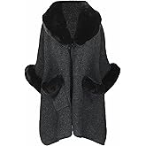 Iristide Women Poncho with Pocket Warm Cashmere Cardigan Cape with Rabbit Fur